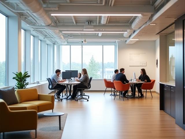Modern interior of the Synectis Solutions B.V. office in Utrecht, showing collaborative workspaces.